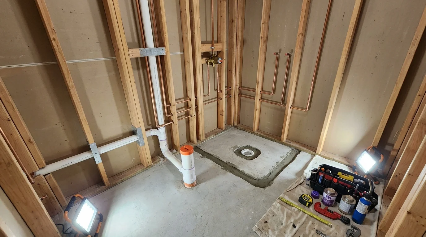 Bathroom rough-in plumbing during remodel by Johns Plumbing LLC in Garland