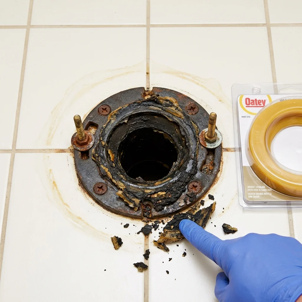 Failed wax ring showing water seepage at the base of a toilet in a Garland, TX home