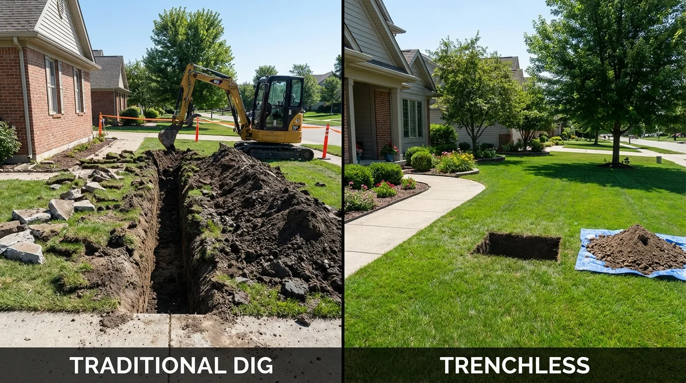 Trenchless sewer repair with minimal yard damage versus traditional excavation in Garland, TX