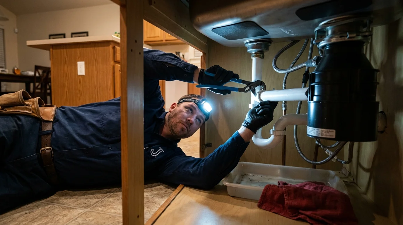 P-trap and supply line connections under a kitchen sink showing a common leak point in Garland, TX